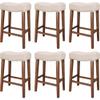 PrimeZone Counter Height Bar Stools Set of 6 - Backless Saddle Barstools with 4.3" Thick Upholstered, Nailhead Trim Linen Fabric & Solid Wood Legs, 26 Inch Counter Stools for Kitchen Island, Beige view 1