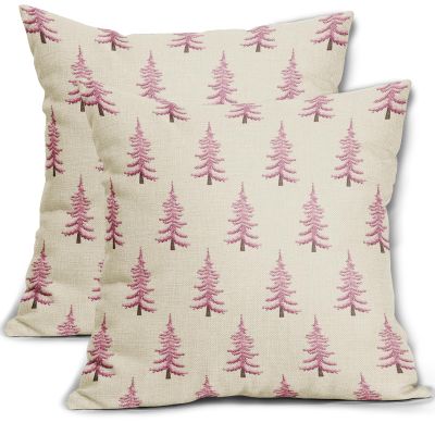 Aytipun Watercolor Pink Christmas Tree Throw Pillow Covers 18x18 Set of 2 Rustic Xmas Vintage Holiday Print Decorative Outdoor Pillowcases Winter Farmhouse Cushion Cases Decor for Couch Sofa Bed