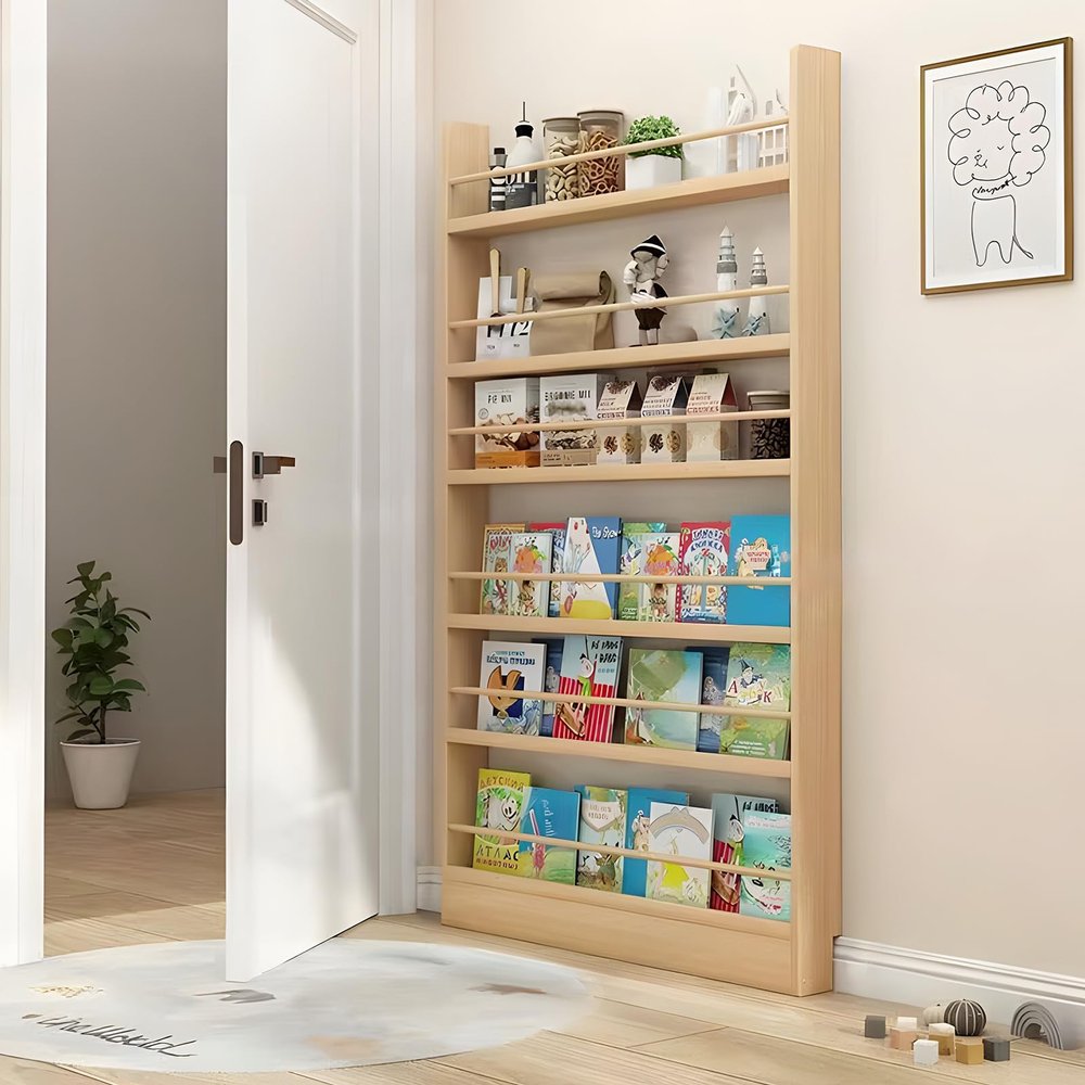 YKLYTBD Behind The Door Bookshelf, Wooden Behind Door Bookshelf 6-Tier, Space-Saving Kids Bookcase Book Shelf Organizer Storage for Toys and Books