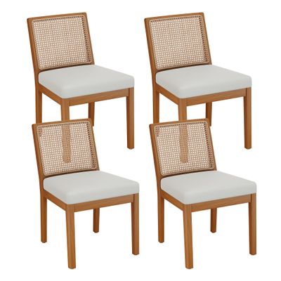Andeworld Farmhouse Natural Rattan Dining Chairs Set of 4, Upholstered Mid Century Modern Kitchen Dining Room Side Chairs, Armless Faux Leather Kitchen Chairs with Wood Frame, Beige