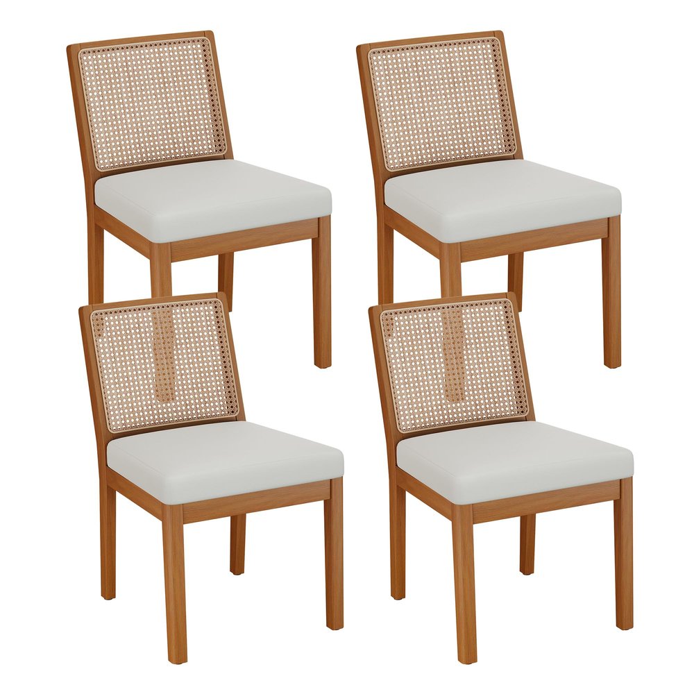 Andeworld Farmhouse Natural Rattan Dining Chairs Set of 4, Upholstered Mid Century Modern Kitchen Dining Room Side Chairs, Armless Faux Leather Kitchen Chairs with Wood Frame, Beige