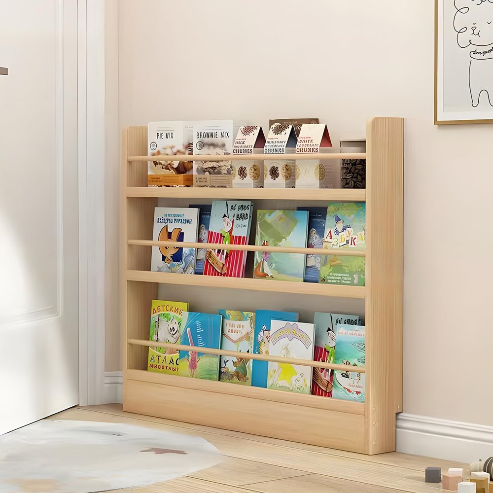 YKLYTBD Behind The Door Bookshelf, Wooden Behind Door Bookshelf 3-Tier, Space-Saving Kids Bookcase Book Shelf Organizer Storage for Toys and Books