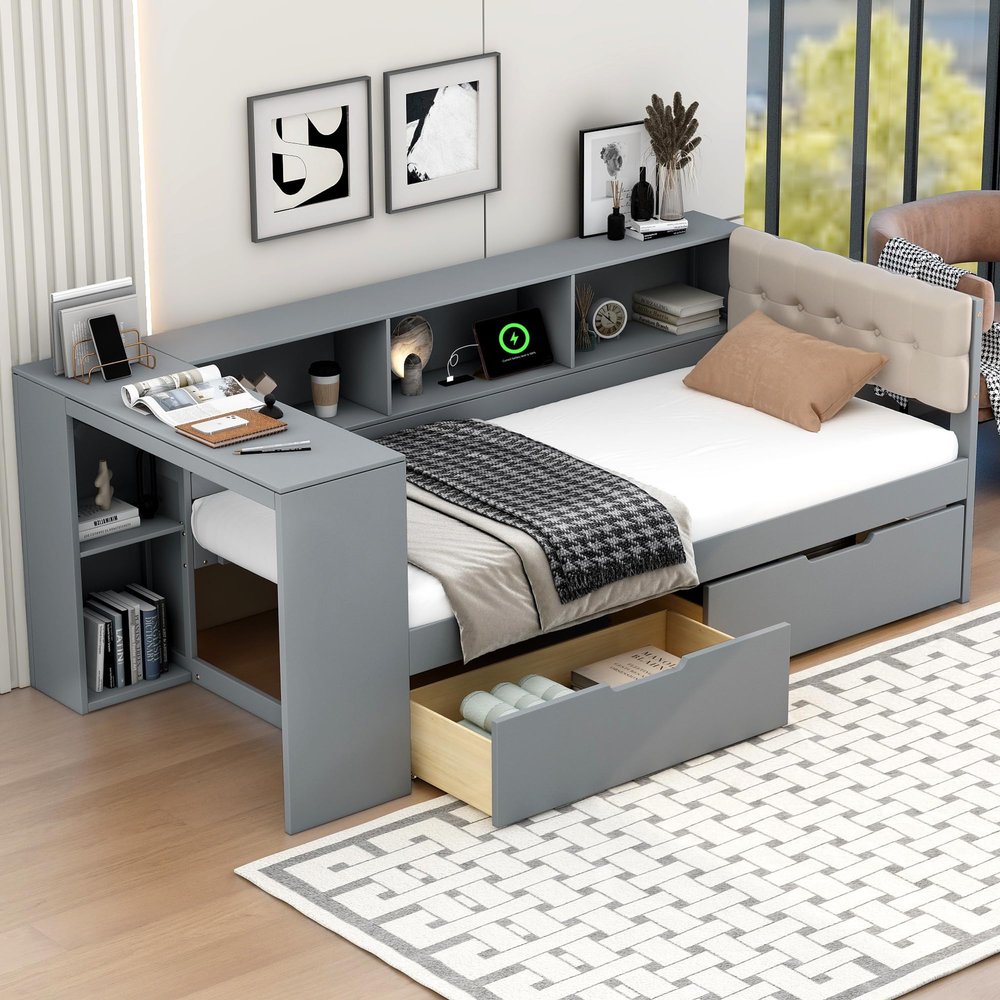 VilroCaz Modern Twin Size Daybed with L-Shaped Bookcases and Desk, Solid Wood Daybed Sofa Bed Frame with 2 Drawers and Upholstered Headboard for Office Living Room Bedroom, Maximize Space (Twin)
