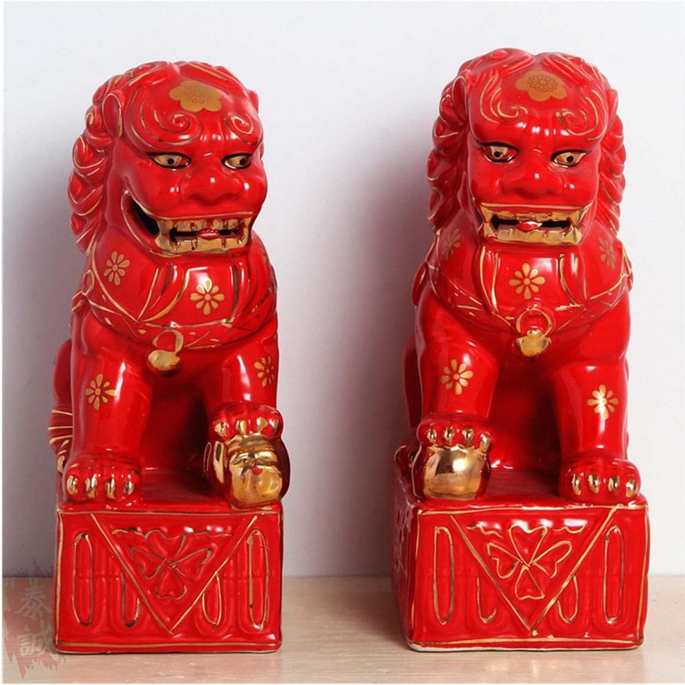 Chinese Foo Dogs Statues Pair,Beijing Lions Statue Feng Shui Fu Dogs Home Office Table Decor Ceramic Ornaments Housewarming Sculpture