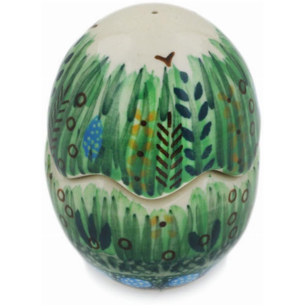Polmedia Polish Pottery Salt and Pepper Set UNIKAT - Green Prairie Pattern Handmade in Boleslawiec Poland by Ceramika Artystyczna + Certificate of Authenticity