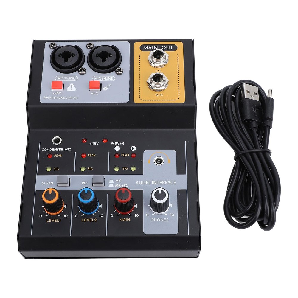 SPYMINNPOO Mixer Sound Board Console, Professional 2 Channel Desk System Interface Recording Sound Mixer with USB, XLR, Phantom Power for PC Live Broadcasting, Karaoke