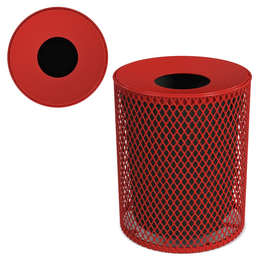 Leisure Craft 32 Gallon Outdoor Trash Can Receptacle - Commercial Large Heavy Duty Outside Trash Bin with Liner, Expanded Metal, Durable Thermoplastic Coating, Park Garbage Can Made in USA - Red