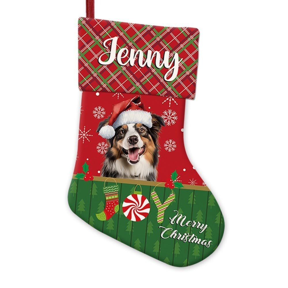 JaeTou Australian Shepherd Dog in Santa Hat Decor Christmas Stocking Christmas Joy Red and Green Custom Hanging Stockings for Home Party Decor 14.4"