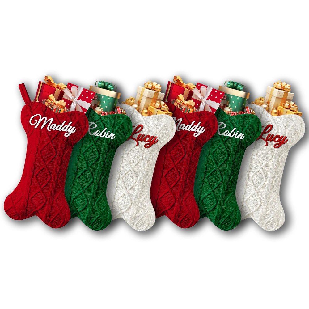 Bianspz Personalized Dog Christmas Stockings 6 Pack, Custom Name Knitted Christmas Stockings, 16.9 Large Xmas Stocking for Dogs Cats Pets, Bone Shape Fireplace Hanging Holiday Xmas Party Decoration