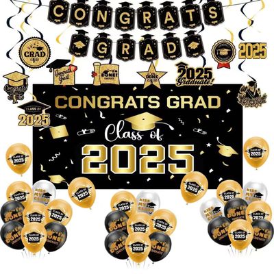 2025 Graduation Decorations, Black Class of 2025 Banner Hanging Swirl, Balloons and Honeycomb for Congrats Grad Party Decorations