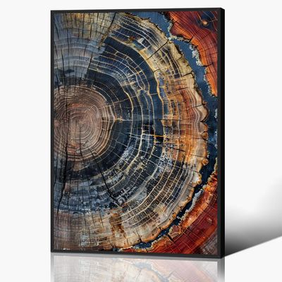 Abstract Colorful Tree Ring Wall Art, Minimalist Tree Stump Poster Wall Decor, Dark Blue and Yellow Art Canvas, Rustic Industrial Wood Stump Wall Decor for Living Room 8x12in Framed