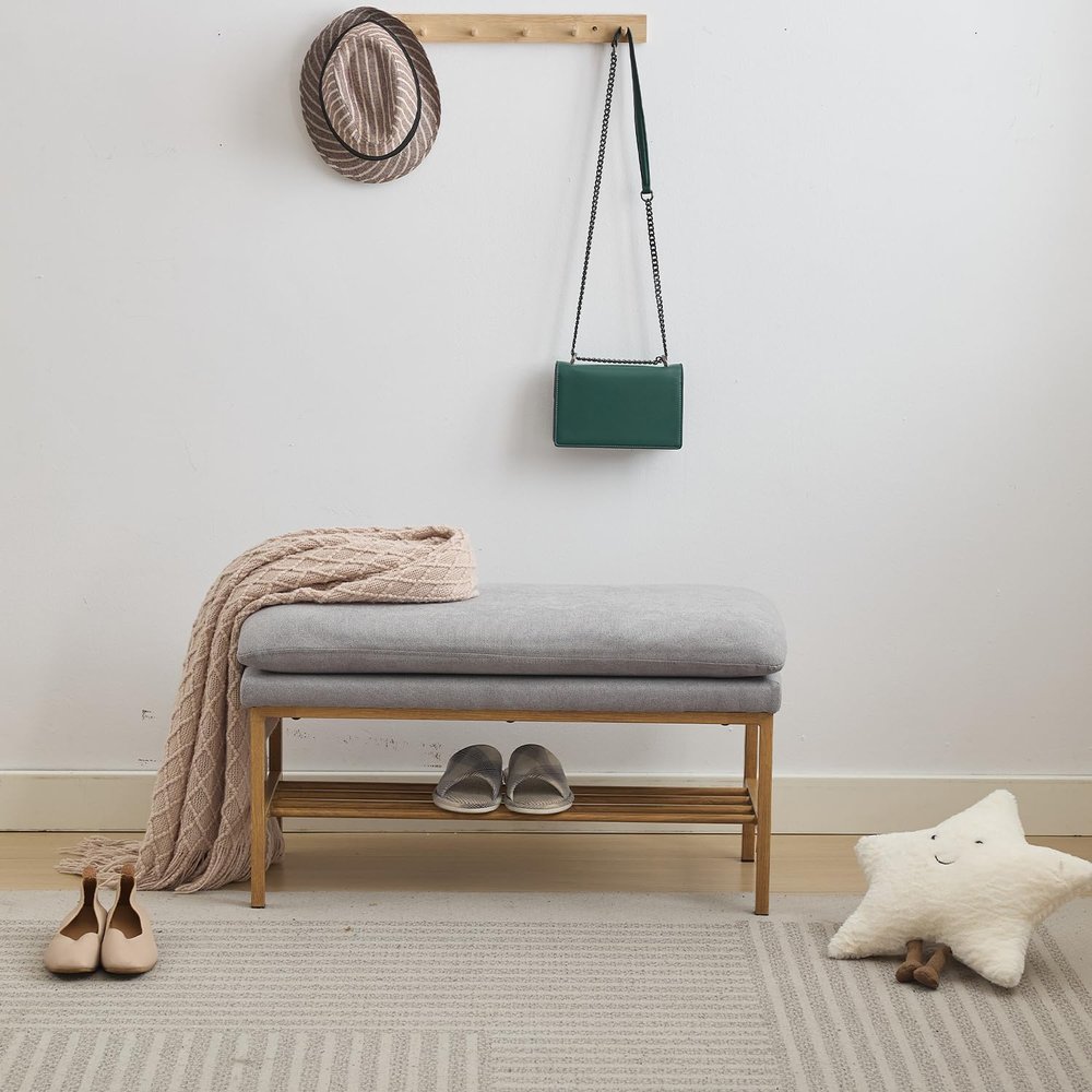 Gustonhon 32-Inch Upholstered End of Bed Bench with Shelf, Linen Storage Shoe Bench with Metal Legs for Bedroom, Living Room, Entryway, and Dining Room (Gray)