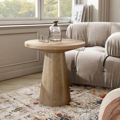 Furniture of America Crambel Modern Solid Wood 20-inch Round End Table with Cone-Shaped Pedestal Base, Living Room Furniture for Small Space, Home Office, Oak