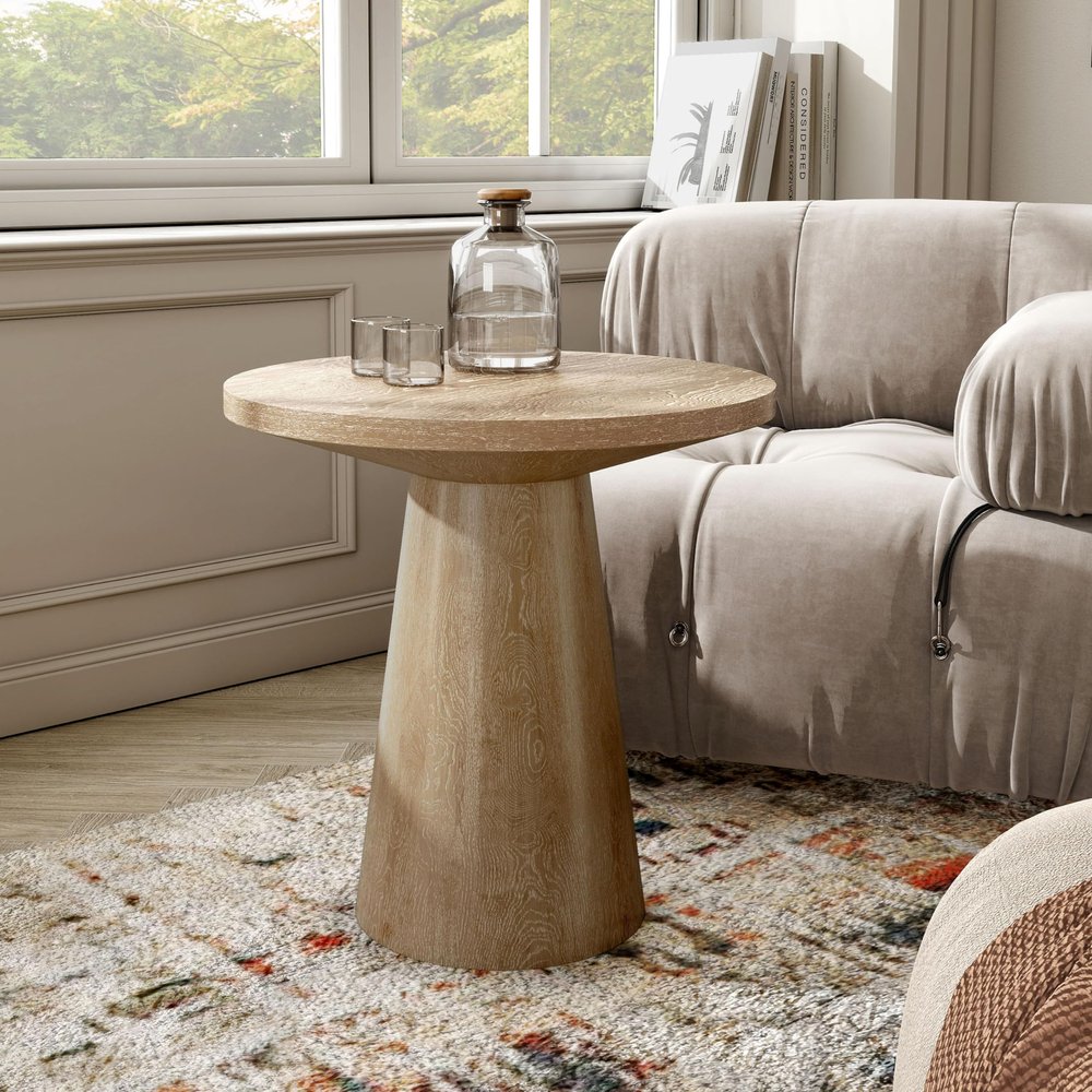 Furniture of America Crambel Modern Solid Wood 20-inch Round End Table with Cone-Shaped Pedestal Base, Living Room Furniture for Small Space, Home Office, Oak