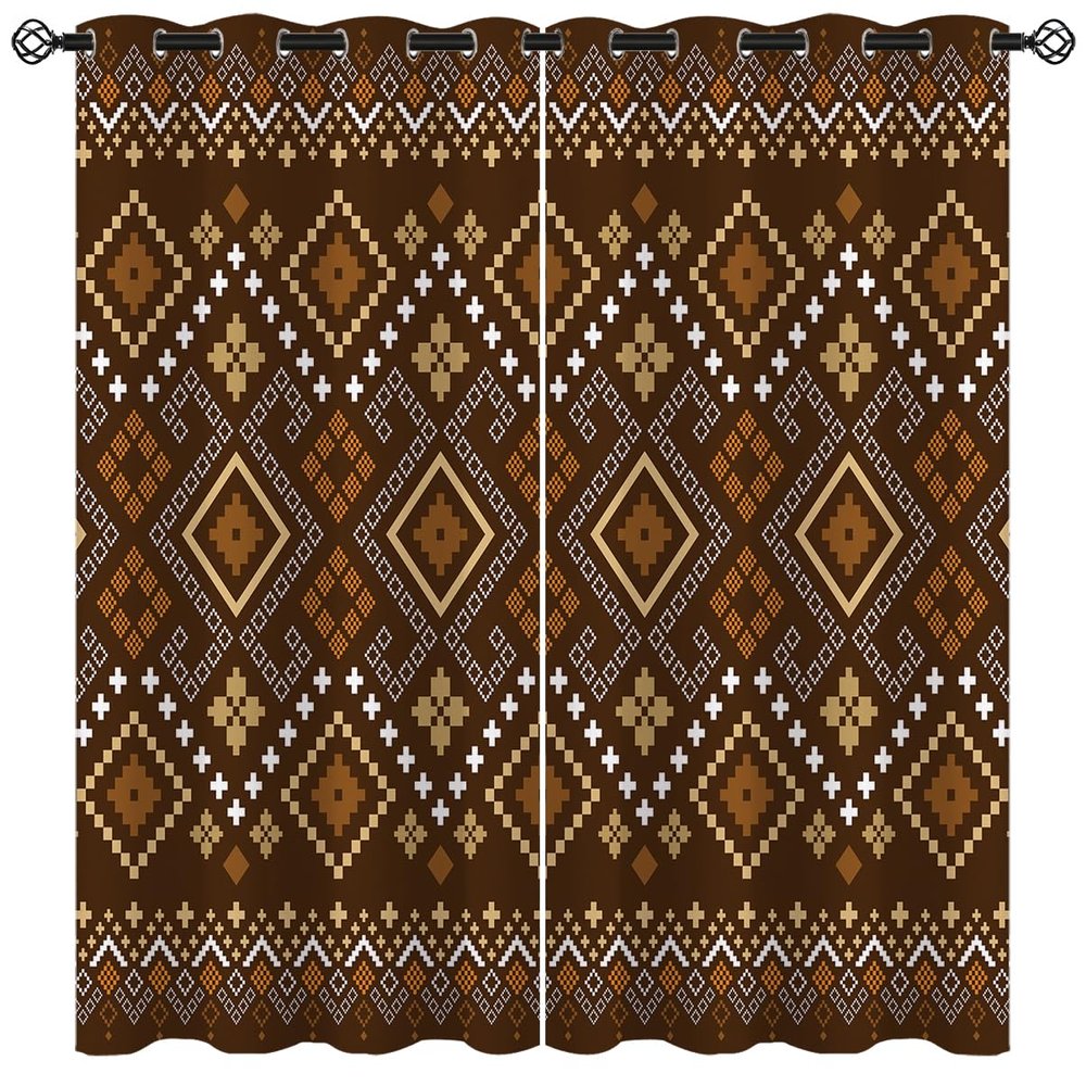 Aztec Blackout Curtains for Girls Boy Home Decor, Southwestern Native Rustic Geometric Art Brown Grommet Thermal Insulated Drapes Darkening Window Curtain for Bedroom Living Room, 42 x 45 Inch