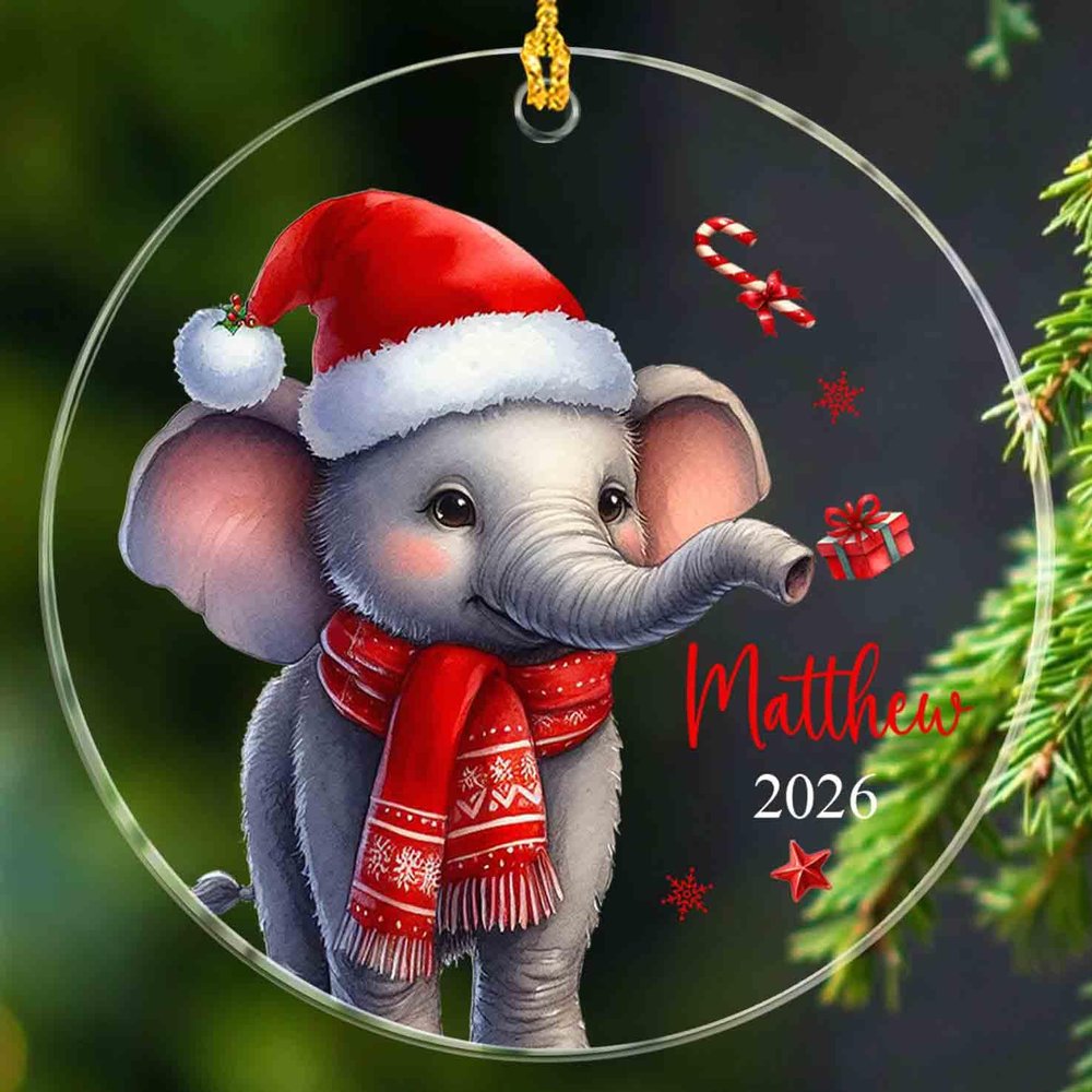 Baby Elephant Christmas Ornaments Gift For New Baby New Dad Mom, Personalized Name Elephants Lover Acrylic Ornament, Elephants Ornament Custom Gifts For Christmas 2026, Elephant In Santa Hat Ornaments