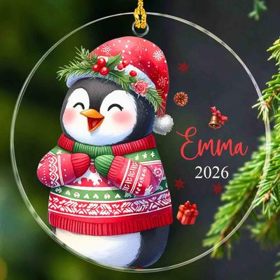 2026 Christmas Penguins Acrylic Ornament Gifts for Penguin Lovers, Personalized Name Cartoon Penguin Ornaments, Winter Penguins Xmas Keepsake Ornaments, Custom Baby Animal Ornament Gifts for Dad Mom