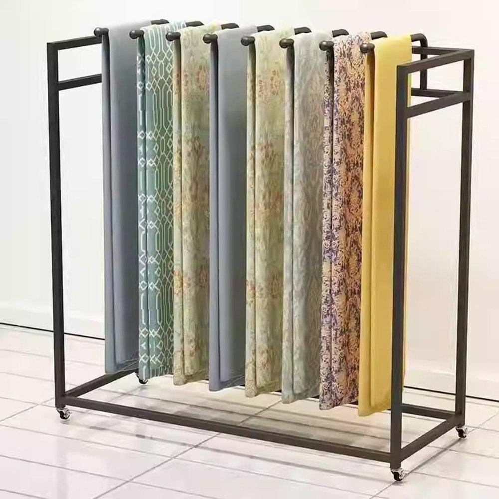 Rolling Fabric Sample Display Rack, Commercial Adjustable Storage Holder for Quilts/Fabric Samples/Bed Sheets/Towels Hanging, Freestanding Organizer with Removable Swivel Bar(120x45x135cm/47.2x17.7x53