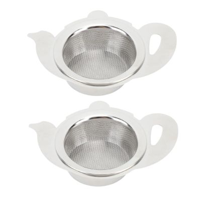 2Pcs Tea Infuser Strainers for Loose Tea, Stainless Steel Loose Leaf Tea Stepper with Handle and Drip Tray, Extra Fine Mesh Tea Diffuser Holder Filter for Mugs (Teapot Style Natural Color)