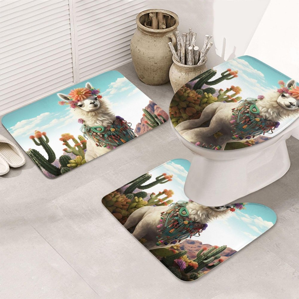 Bathroom Rugs Sets 3 Piece Super Absorbent Bathroom Mats Set Mexican Llama Cactus Bath Rug, Contour Mat and Toilet Lid Cover, Washable Non-Slip Bath Mats Carpet for Bathroom Shower Mat