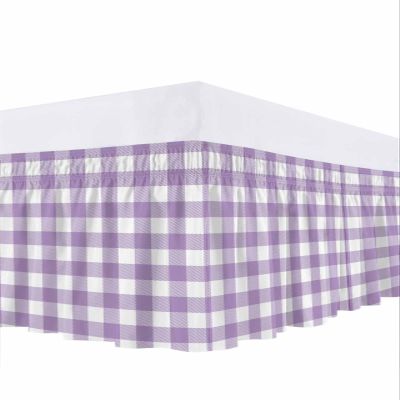 Wrap Around Bed Skirts for California King Beds, Country Style Purple and White Gingham Buffalo Check Ruffle Bed Skirt with Adjustable Elastic Belts Easy Fit 16 Inch Drop