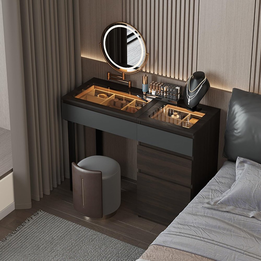 SFJATTA Wooden Makeup Desk for Bedroom Dressing Room, Girls Women Vanity Desk for Bedroom Dressing Room, Modern Vanity Desk for Bedroom, Cushioned Stool & Side Cabinet(80cm/31.5in)