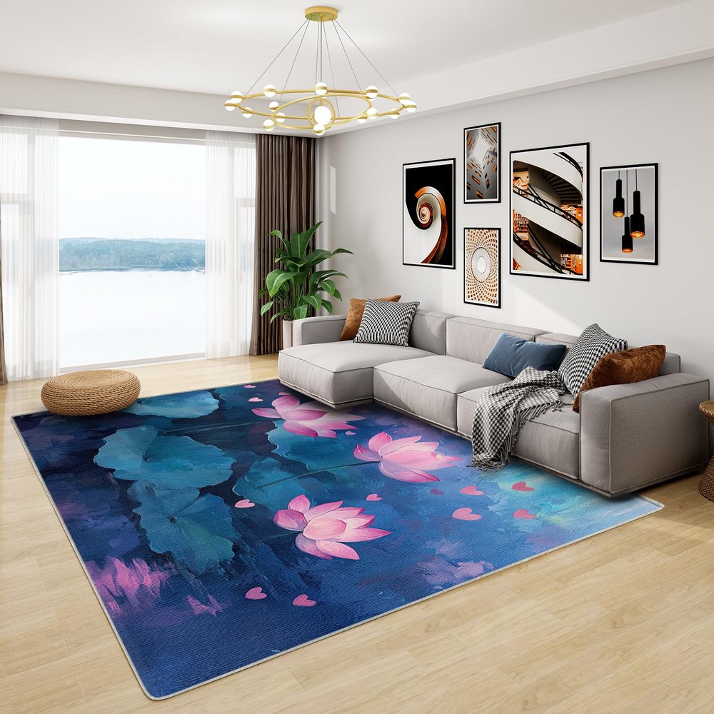 Phtbz Lotus Rug - Lotus Rugs for Living Room, 7x10 ft Washable Non-Slip Stain Resistant Lotus Flower Area Rug, Pink Lotus Carpet for Living Room, Bedroom, Floral Home Decor & Gifts