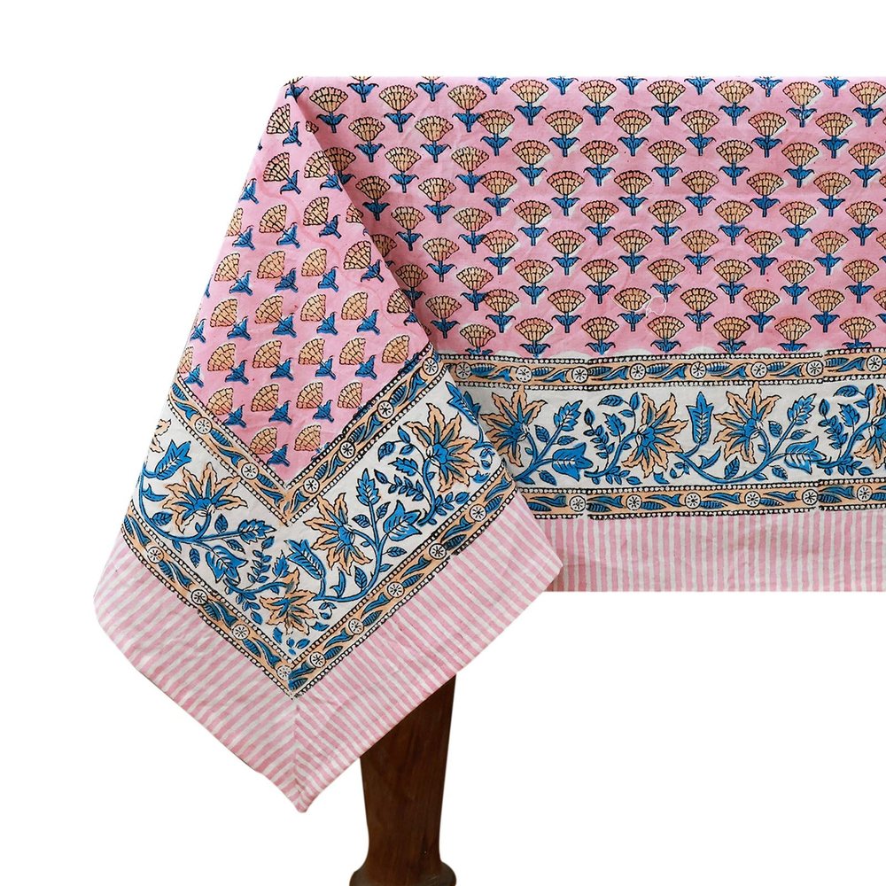 110x110 Inches Square Hand Block Printed Cotton Tablecloth, Pink Blue Floral Table Cloths Washable, Indian Table Linen for Valentine Thanksgiving Gifts Home Decor Dinning Outdoor