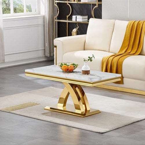 47" White Faux Marble Coffee Table, Modern Gold Coffee Table for Living Room,Luxury Cocktail Table with X-Shape Geometric Stainless Steel Frame,Rectangular Center Table Tea Table for Living Room
