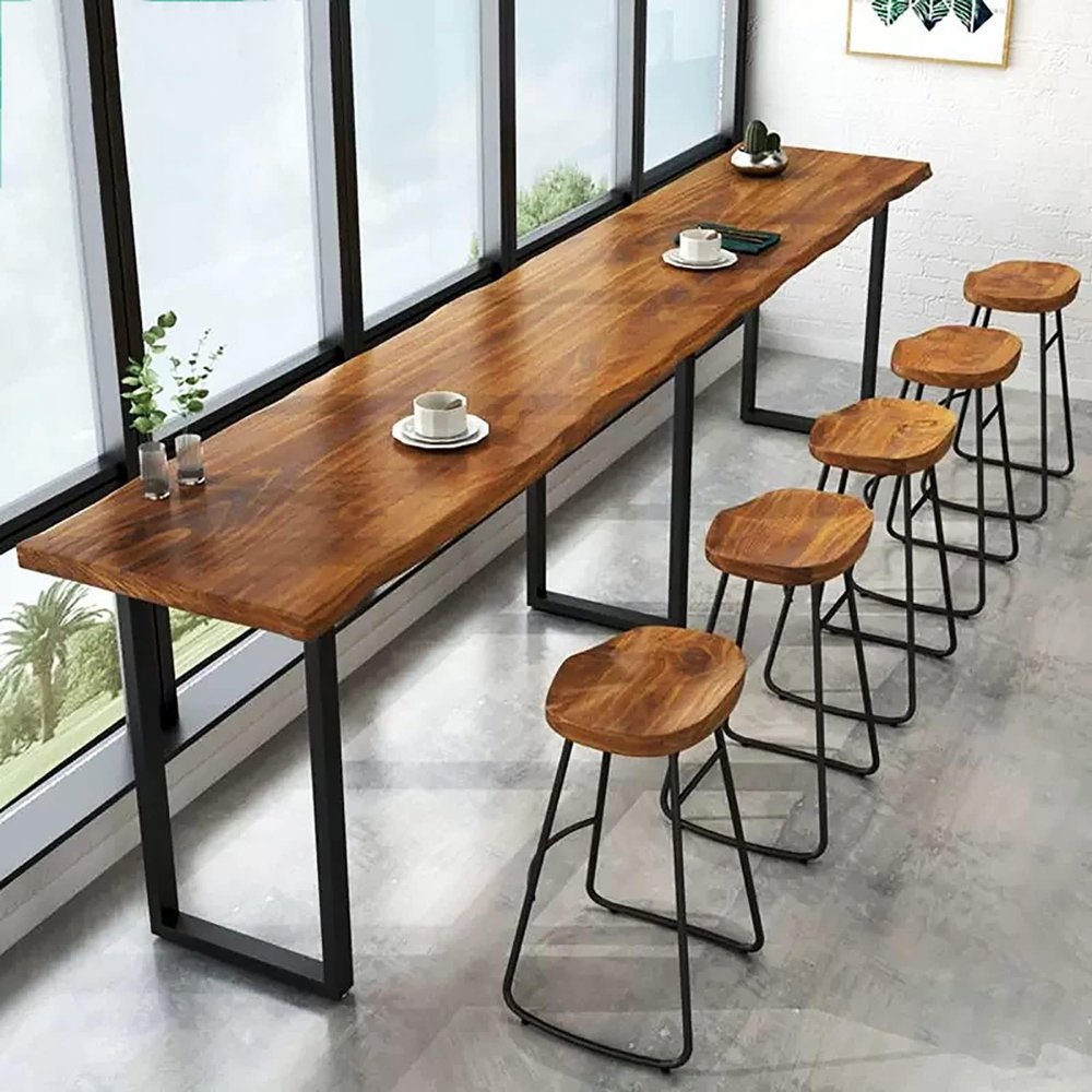 Hwijk Industrial Bar Table, Solid Wood Counter Height Dining Table, Long Rectangular Narrow Bar Table (86.6" with 4 stools, Brown)