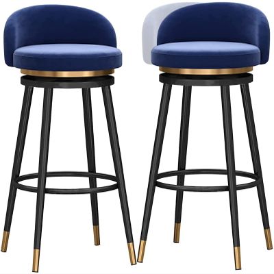 DBZRRKHDC Swivel Counter Bar Stools Set Island/Kitchen/Bar 360 Swivel Black Metal Velvet Counter Stool of 4 with Low Back, Upholstered Dining Chairs for Kitchen Island(Blue-Gold Leg,2 PCS)