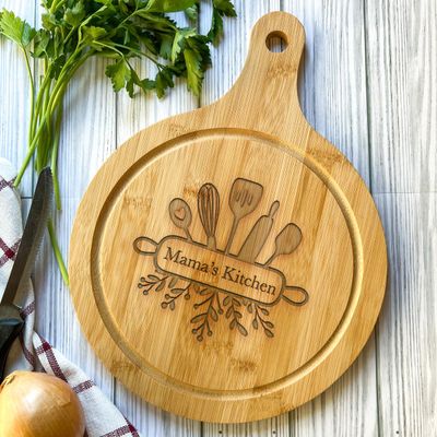 Engraved Round Bamboo Wood Cutting Charcuterie Board Personalized Gift New Couple, Parents, Anniversary, Housewarming, Hostess, Engagement, Friends - Kitchen Name Rolling Pin and Utensils