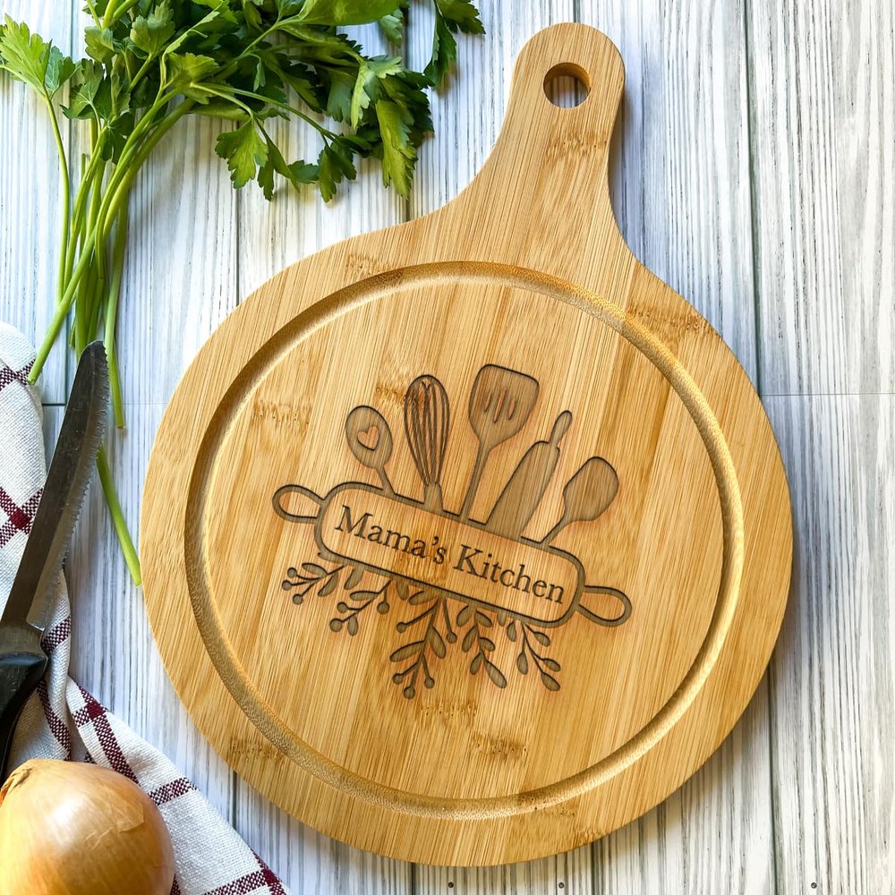 Engraved Round Bamboo Wood Cutting Charcuterie Board Personalized Gift New Couple, Parents, Anniversary, Housewarming, Hostess, Engagement, Friends - Kitchen Name Rolling Pin and Utensils