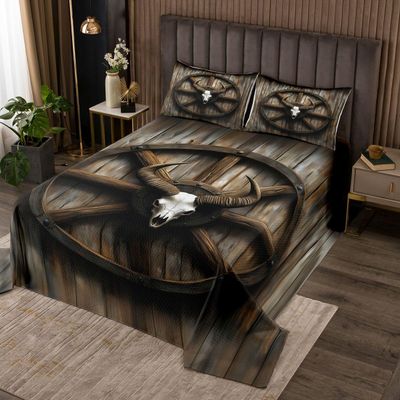 Feelyou Cow Skull Bedspread King Size Western Cowboy Quilted Coverlet for Kids Adults Vintage Barn Door Coverlet Set Quilted Home Decor1 Bedspread+ 2 Pillow Shams