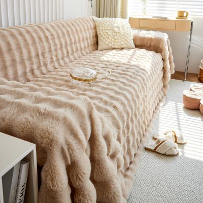 HANDONTIME Plush Sofa Slipcovers Washable Couch Cover for Sofa Super Soft Faux Fur Sofa Covers for 3 Couch Cousion Soild Khaki Rabbit Plush Couch Cushion Covers for Kids Pets, 71" X118"