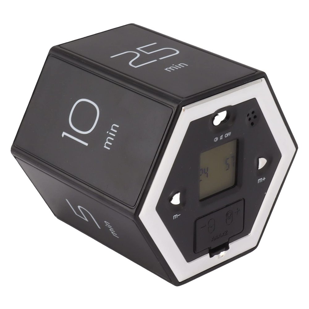 Pomodoro Timer, Visual Timer Desk Timer Hex Flip Timer with Mute Alarm Function Magnetic Time Management Cube Timer with LCD Screen for Cooking (Black)