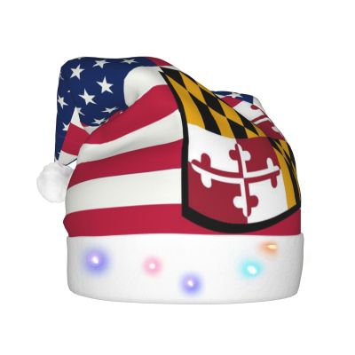 DWWKWJ America And Maryland Flag Christmas Hat Xmas Holiday Party Hat With Led Light Santa Hat For Xmas New Year Party Headwear