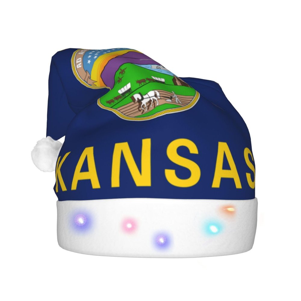 DWWKWJ Flag Of Kansas Christmas Hat Xmas Holiday Party Hat With Led Light Santa Hat For Xmas New Year Party Headwear