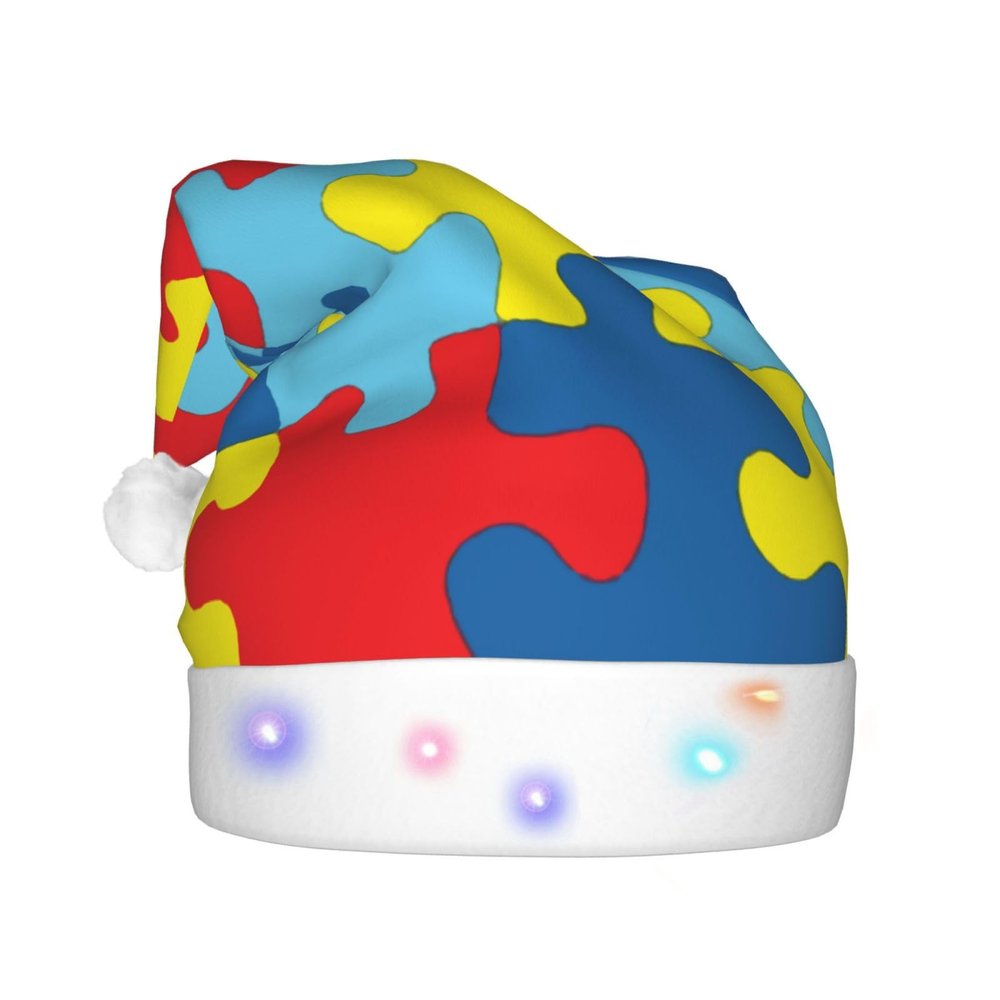 DWWKWJ Autism Awareness Christmas Hat Xmas Holiday Party Hat With Led Light Santa Hat For Xmas New Year Party Headwear