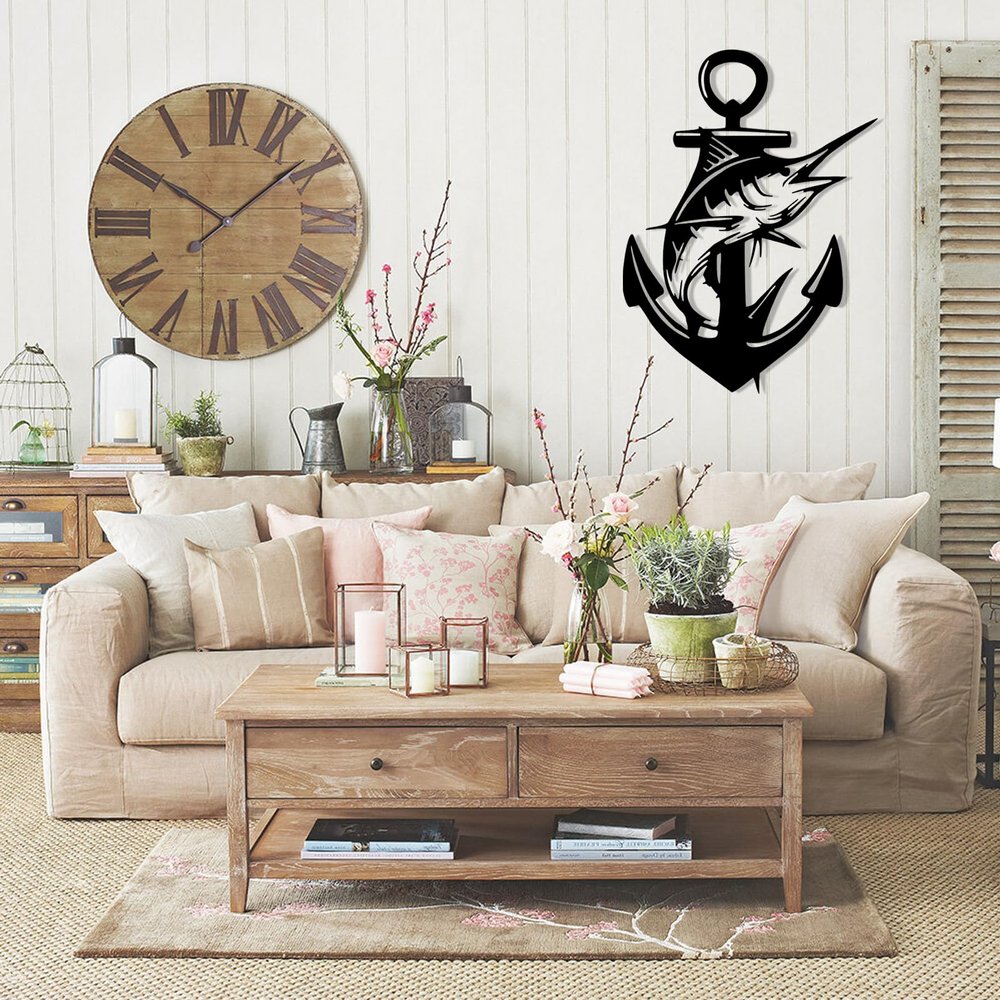 Anchor Metal Wall Decor, Fish Metal Wall Art,Metal Ocean Theme Wall Art,Stylish Anchor Wall Decor for Living Room,Bedroom (Black, 13"x 19"/32x47 cm, Unframed)