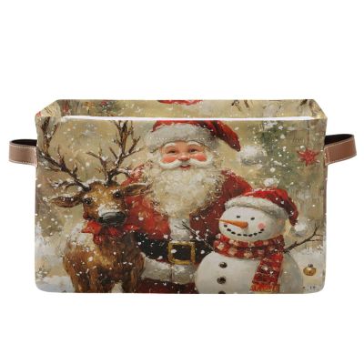 ALAZA Watercolor Reindeer Snowman Santa Claus Bell Christmas Large Storage Basket for Organizing Foldable Storage Bin for Shelves Home with Handles 1 Pack