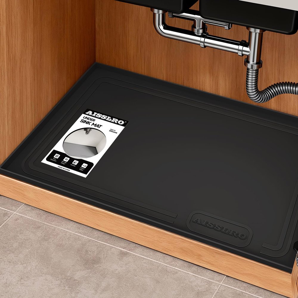 Aisslro Under Sink Mat 25" X 19", Waterproof Silicone Under Sink Mats for Kitchen, Anti-Leak Shelf Liner & Cabinet Protector with Raised Edge, [BPA Free] Bathroom Tray Home Organizer, Black