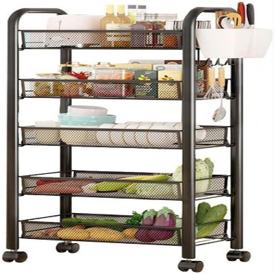 BENBOR Fruit Basket for Kitchen,5 Tier Fruit and Vegetable Storage Basket Cart,Stackable Metal Mesh Rolling Storage Trolley Cart,Slim Storage Organizer Stand on Wheel for Kitchen (Black)