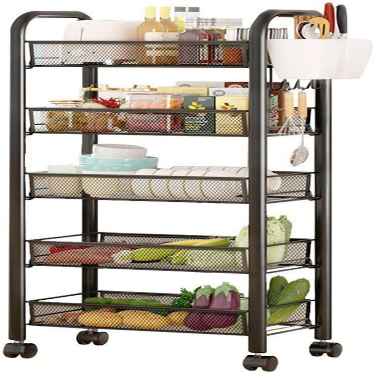 BENBOR Fruit Basket for Kitchen,5 Tier Fruit and Vegetable Storage Basket Cart,Stackable Metal Mesh Rolling Storage Trolley Cart,Slim Storage Organizer Stand on Wheel for Kitchen (Black)