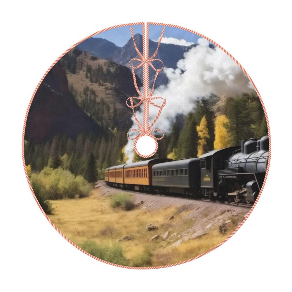 30-Inch/36-Inch/48-Inch Steam Locomotive Train Christmas Tree Skirt The Choice of Indoor and Outdoor Decoration for Winter, New Year and Holiday Parties