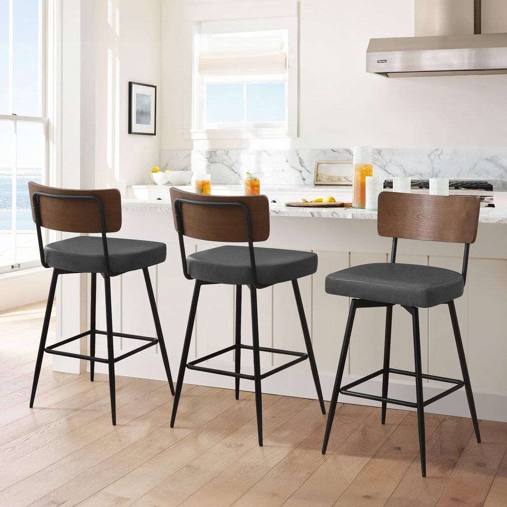 Bekrvio Swivel Bar Stools Set of 3, Upholstered Faux Leather Barstools with Wood Backs and Metal Legs, 29" Seat Height Counter Bar Stool for Kitchen Island, Grey