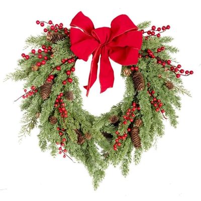 20 Inch Artificial Christmas Norfolk Pine Wreath for Front Door,Real Touch Heart Shape Xmas Wreath with Bow for Window Indoor Outdoor Outside Decor(Red Bow)