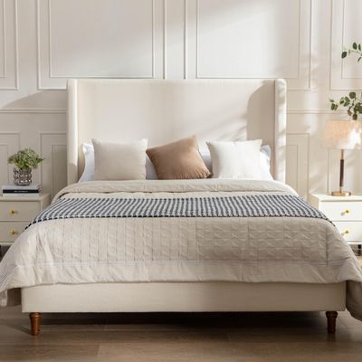 NTYUNRR Upholstered Bed Frame Queen Size, 54" Tall Headboard Wingback Upholstered Platform Bed Frame for Kids Teens Adults Bedroom Strong Wood Slats Support/No Box Spring Needed/Easy Assembly, Beige