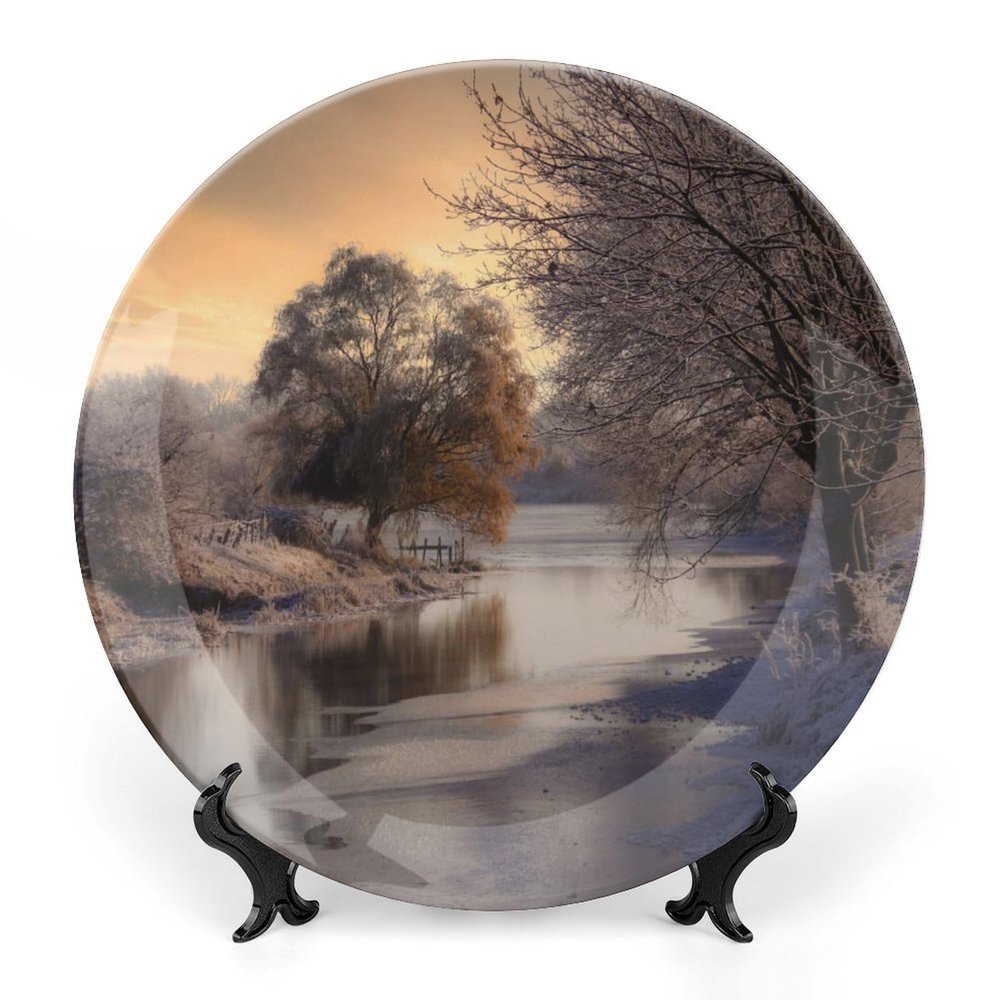 10" Wall Hanging Plates, Lake Flow Winter Cold Decorative Plates, Ceramic Wall Art, Kitchen Home Decor, Salad/Dessert Plates, Porcelain Tray with Display Stand