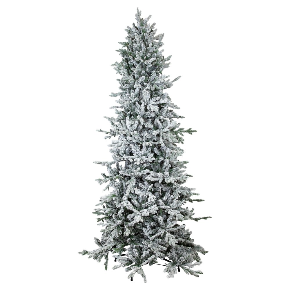 Sunnydaze 8ft Stately and Slim Artificial Christmas Tree - Unlit Flocked Christmas Tree with Hinged Branches - with Foldable Metal Stand